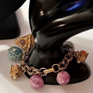 Vintage Egyptian Inspired Fob Glass Stone Faux Pearl Bauble Crown Charm Bracelet